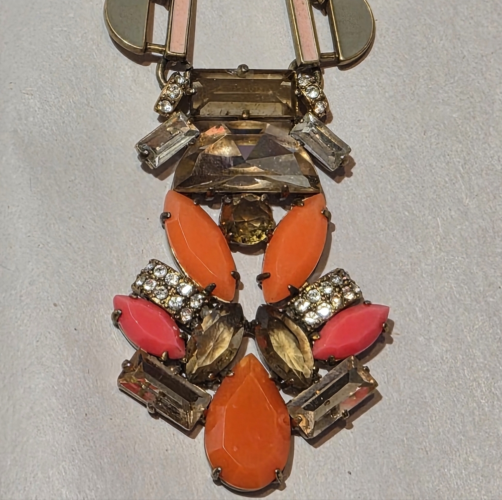 Stella & Dot Orange and Pink Pendant Necklace Fully Adjustable Brass Gold Tone